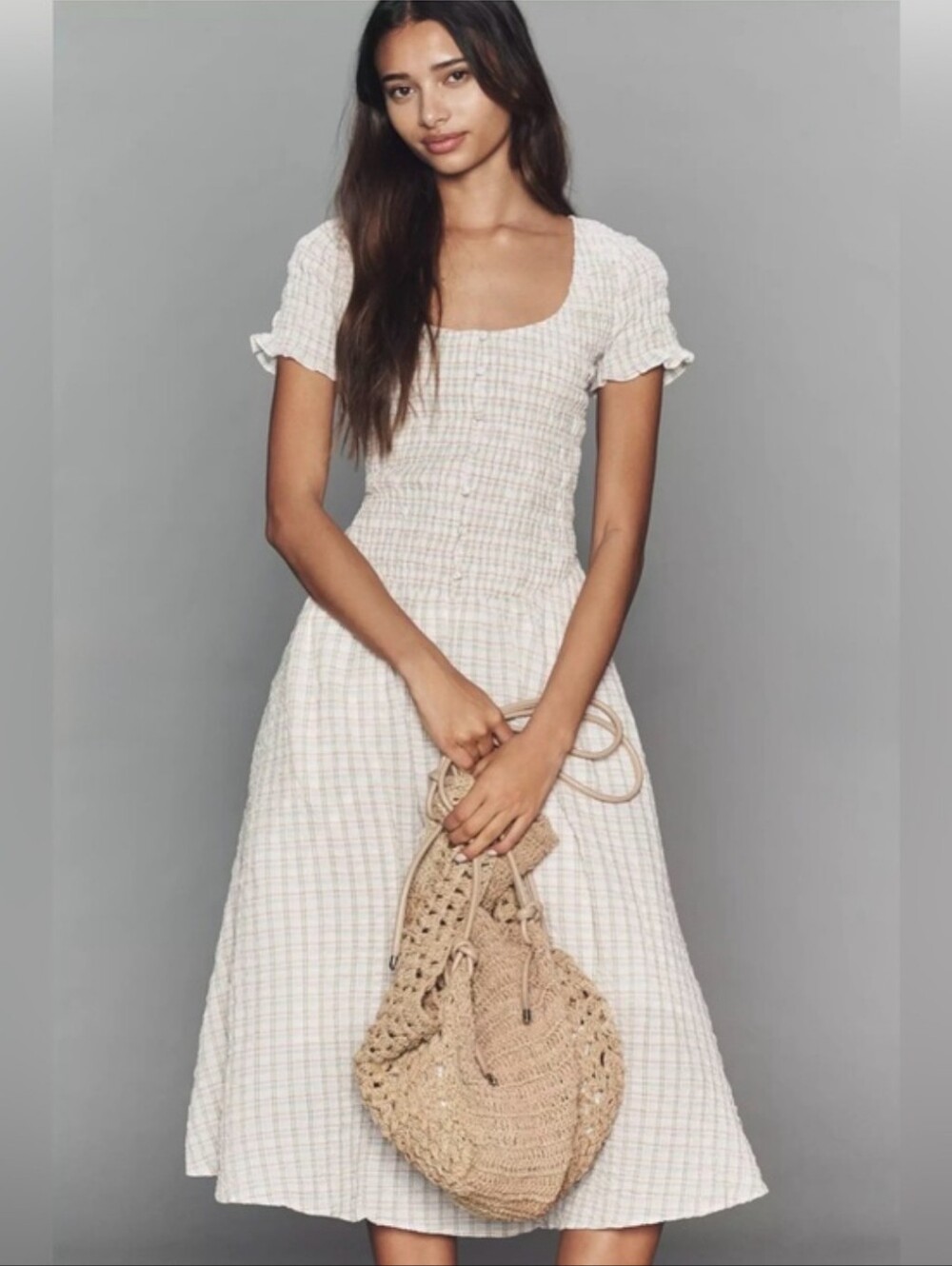 Anthropologie Short Sleeve Smocked Midi Plaid Print Drop Waist Pockets Dress NEW